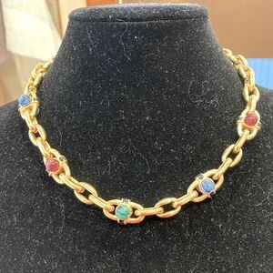Vintage Gold Chain Link Necklace with Multicolor Bead Accents